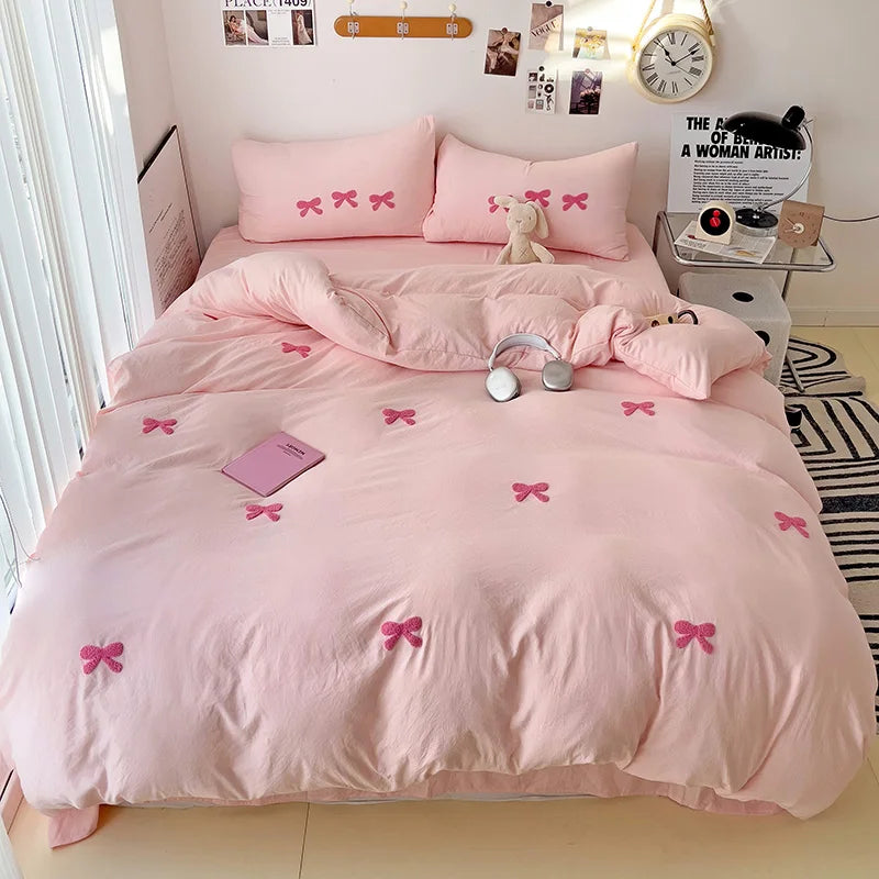 Cute Pink Bows Duvet Cover Set, 3D Embroidery Bedding Sets Pink Bed Set, Comfy Queen Comforter Covers Soft for Girls Kids Teens