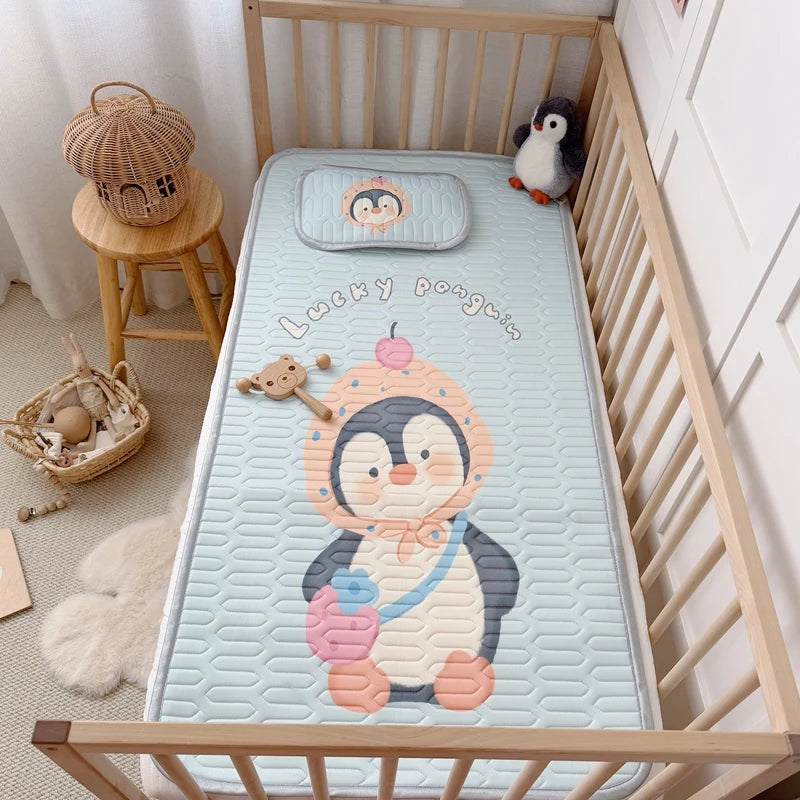 2pcs Summer Cooling Viscose Fiber Latex Mat Set for Kids,Cute Penguin Bed Sheet Pad,Foldable Baby Girl Boy Home Textile,60x120