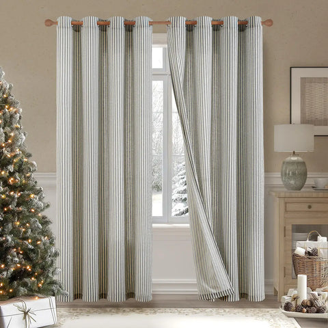 JINCHAN 2PCS Linen Curtains For Living Room Bedroom Ticking Striped Window Treatment Light Filtering Drapes Grommet Top Curtain