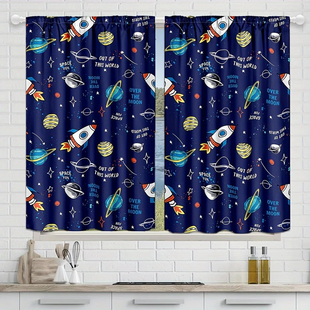 2PCS Cartoon Out Space Curtains for Boys Girls Universe Planet Window Drapes Rod Pocket Galaxy Rocket Astronaut Blue Curtains.