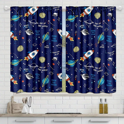 2PCS Cartoon Out Space Curtains for Boys Girls Universe Planet Window Drapes Rod Pocket Galaxy Rocket Astronaut Blue Curtains.
