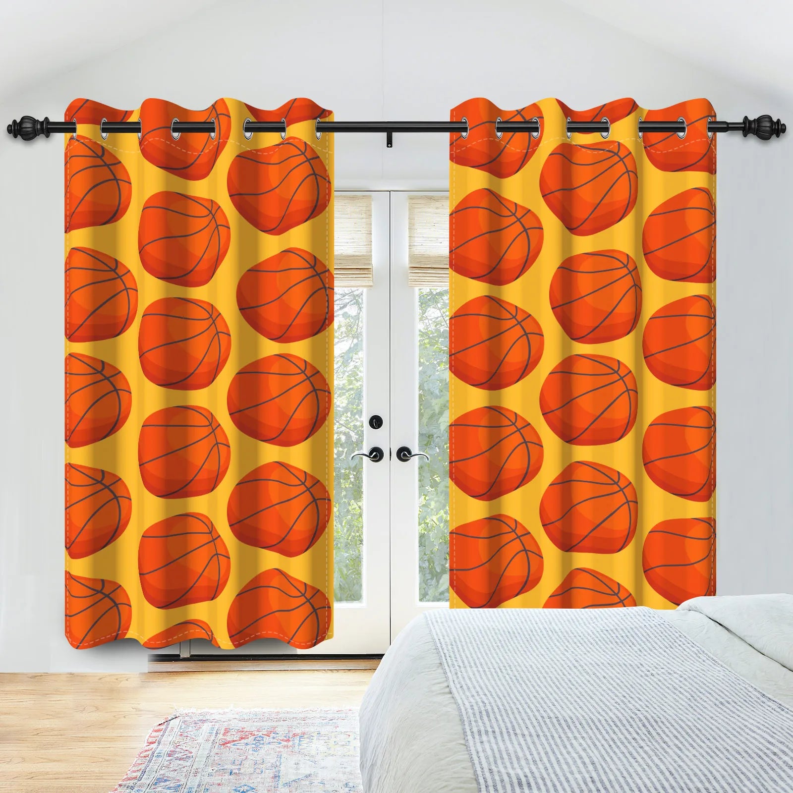 Sports Theme Kids Room Blackout Curtains Football Basketball Rugby Pattern Double Layer Curtains for Bedroom Sports Lovers Decor