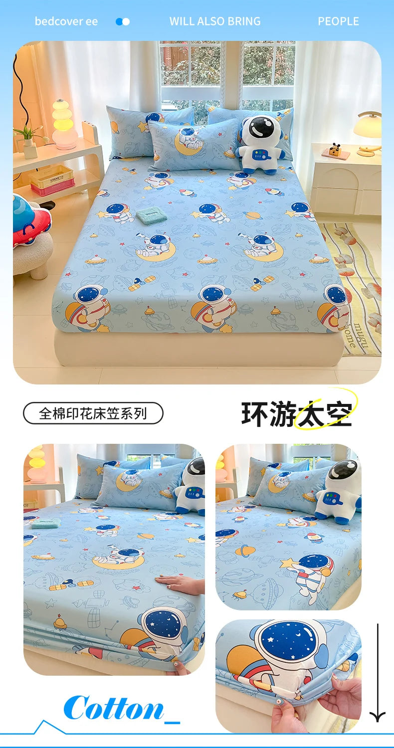 1pc 100%Cotton Bed Sheet for Kids Cartoon Style Car Printed Fitted Sheet with Elastic Band for Boys Pure Cotton Single Bed Cover