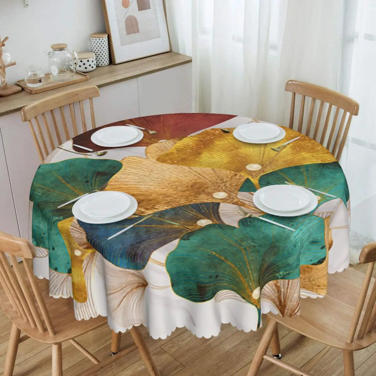 Custom Round Ginkgo Leaf Tablecloth 60 inches Kitchen Dinning Table Cloth Spillproof Table Covers