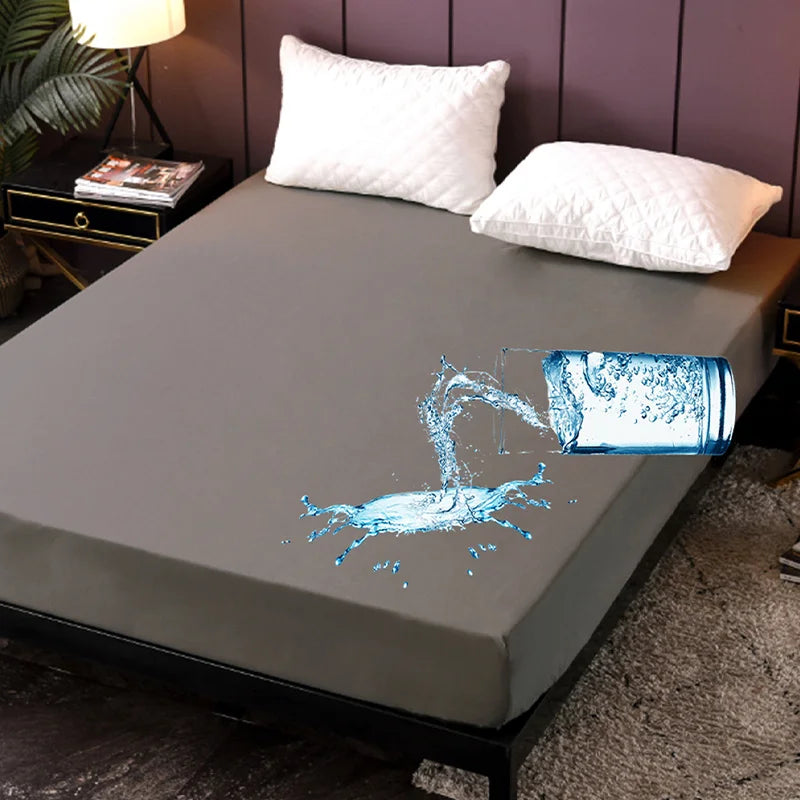 Waterproof Mattress Protector Cover Queen Size 14 inches Deep Pocket Polyester Bed Cover Solid Color Fitted Sheet (Black, Queen)