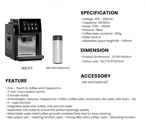 Mcilpoog WS817 -7"colorfAutomatic Espresso Machine with Milk Frother,  21 Flavors for Home & Office