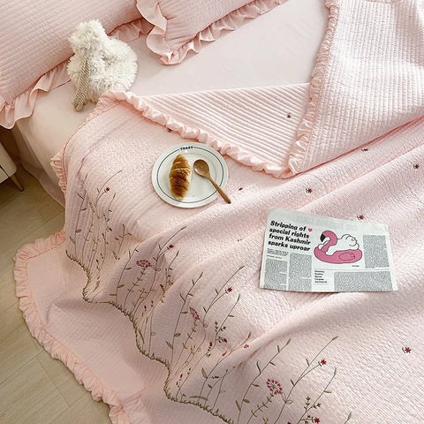 Fresh Flower Embroidered Summer Blanket 4/3/1 Pcs Ruffled Quilted Summer Quilt Set Machine Washable Lightweight Comforter Duvet
