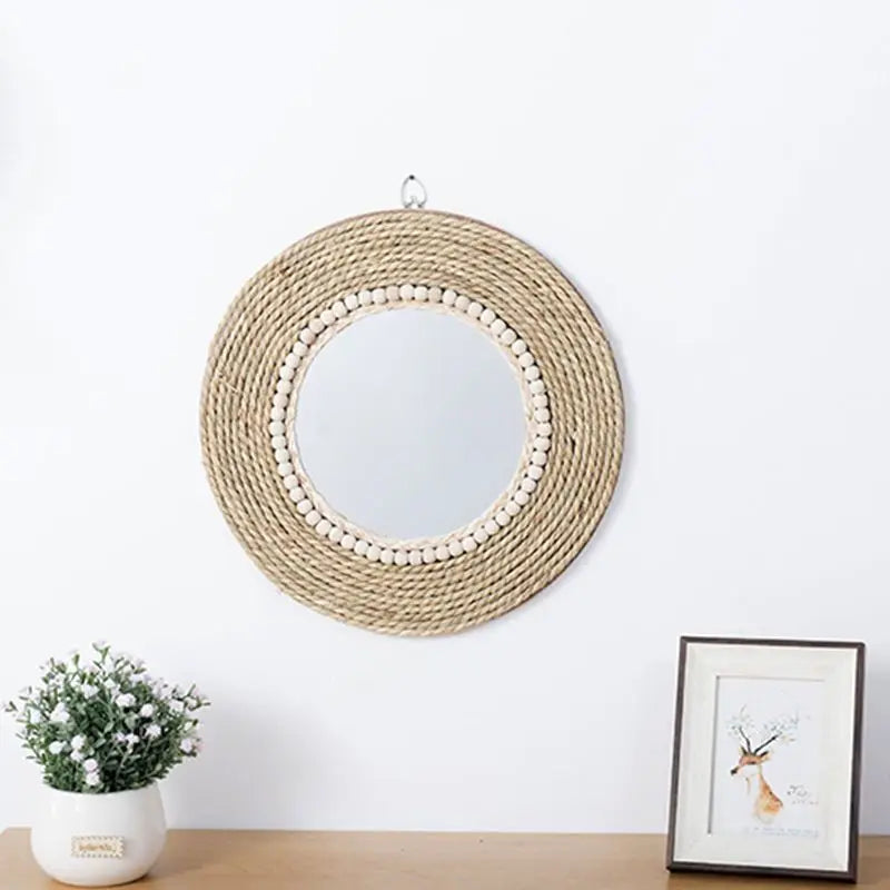 Rattan Handicrafts Decorative Round Mirror Makeup Mirror Bed and Breakfast Living Room Entrance Wall Wall Decorative Mirrors