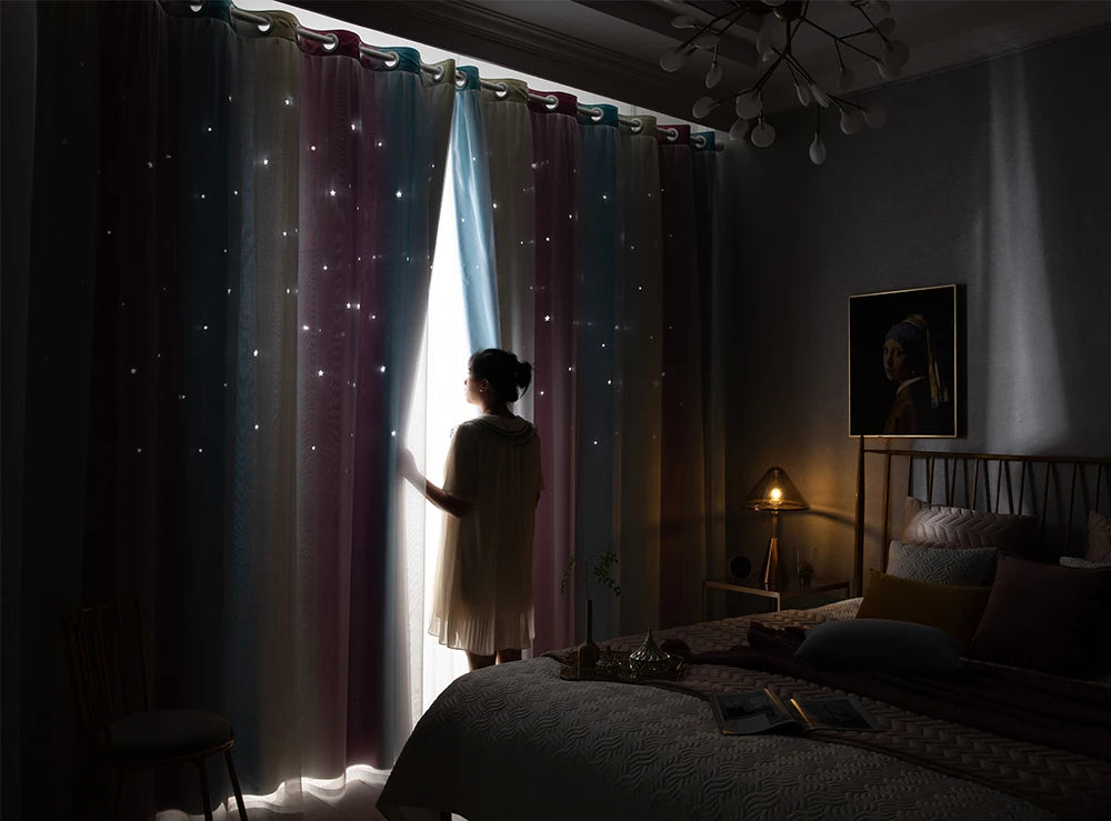Rainbow Hollow-Out Star Blackout Curtains for Girl Kid Nursery Bedroom and Living Room Double Layer Window Cute Grommet Curtains