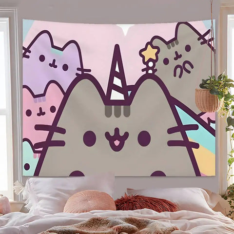 Cartoon P-PusheensS Cute Cat Tapestry Hanging Dormitory Room Bedspread Blanket Children's Room Party Home Decoration Gift