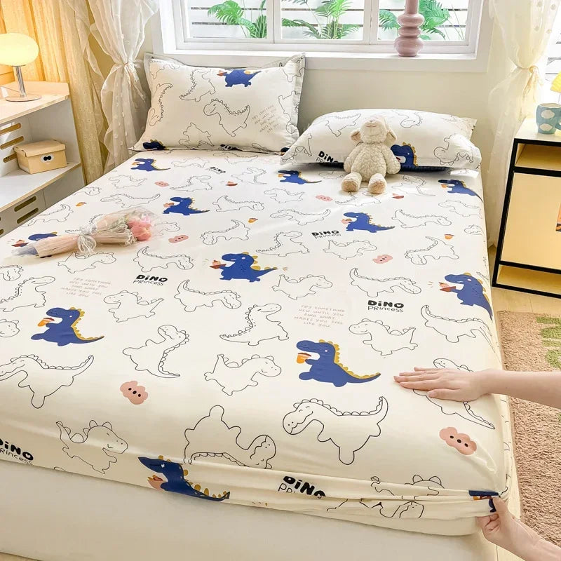 100%Cotton Bed Sheet on Elastic Cute Dinosaur Printed Mattress Cover for Kids Cartoon Pure Cotton Bed Linen (without pillowcase)