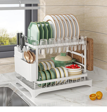 2 tier,dish drying rack,Cutlery rack with spout and draining tray,cutlery holder,cup holder,kitchen countertop storage rack