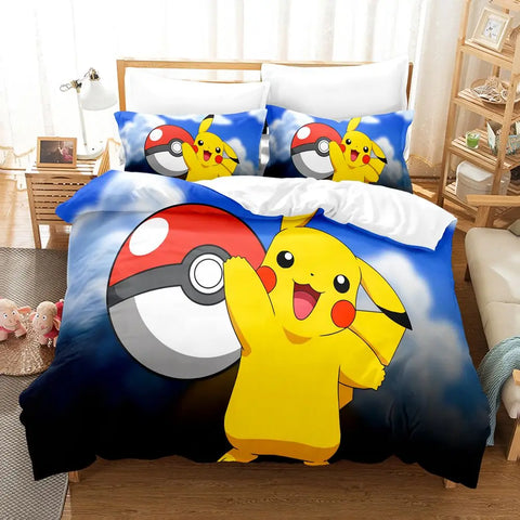Kawaii Pokemoned Cartoon Anime Bedding Set Pikachu Gengar Eevee Charizard Quilt Duvet Cover Pillowcase Kid Bed Set Twin Size