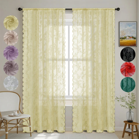 1pc Romantic Lace Sheer Curtain, Flower Lace Window Curtains for Living Room Bedroom Home Decor, Window Screening Rod Pocket