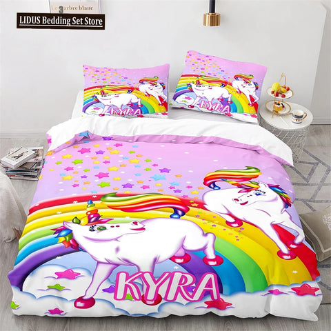 Unicorn Rainbow Duvet Cover Set King Twin Full Size Kids Boy Girl Bedding Set Colourful Cartoon Child Polyester Comforter Cover