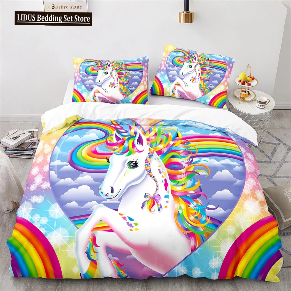 Unicorn Rainbow Duvet Cover Set King Twin Full Size Kids Boy Girl Bedding Set Colourful Cartoon Child Polyester Comforter Cover