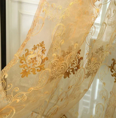 European Luxury Gold Curtains For Living Room Bedroom Sheer Embroidered Tulle Print Shading Windows Backdrop Customize Шторы