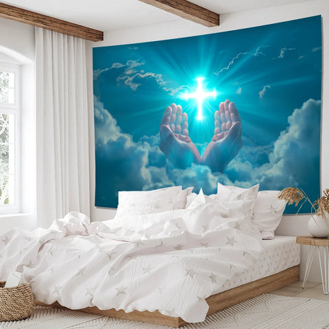 Glowing Cross Background Praying Cloth Home Decorative Artwork for Living Room Bedroom Office Party Decoration Wall Tapestry