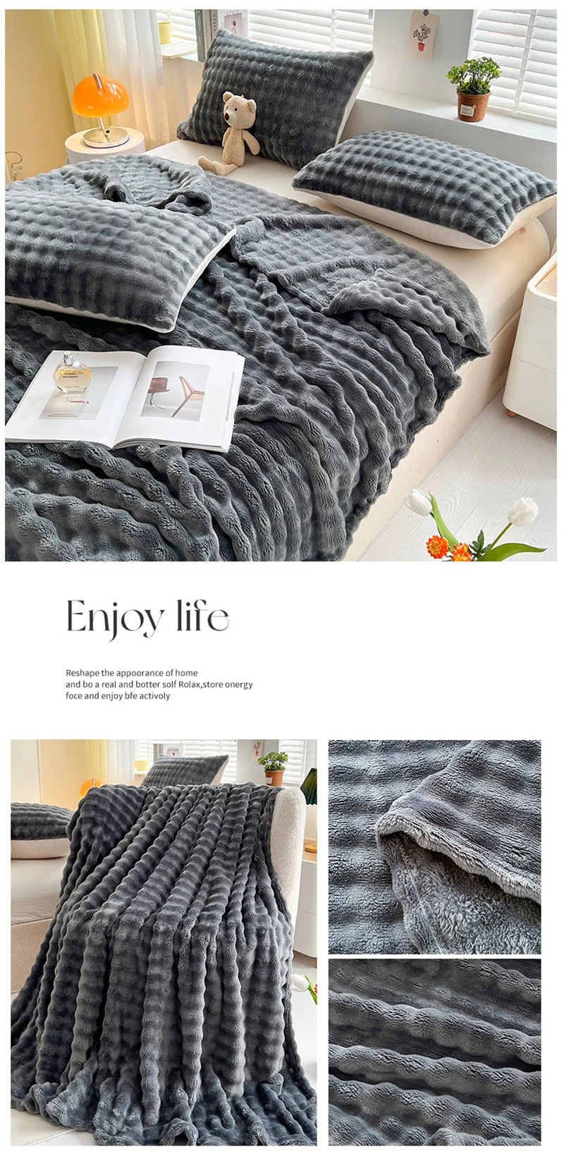 1 Pc Luxury Faux Rabbit Fur Throw Blanket Soft Warm White Striped Fluffy Blankets for Sofa Office Naps Single Double Plush Plaid