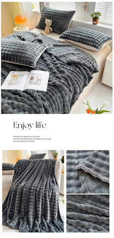 1 Pc Luxury Faux Rabbit Fur Throw Blanket Soft Warm White Striped Fluffy Blankets for Sofa Office Naps Single Double Plush Plaid