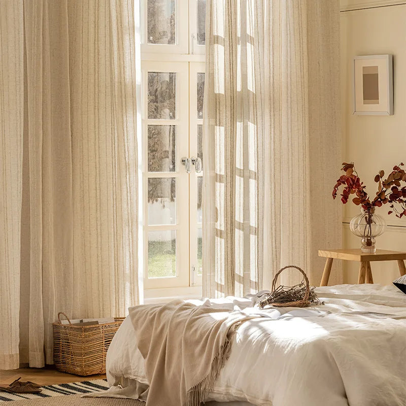 1/2 Panles Japanese Harajuku Style Striped Linen Gauze Curtains, Living Room And Bedroom Gauze Curtains