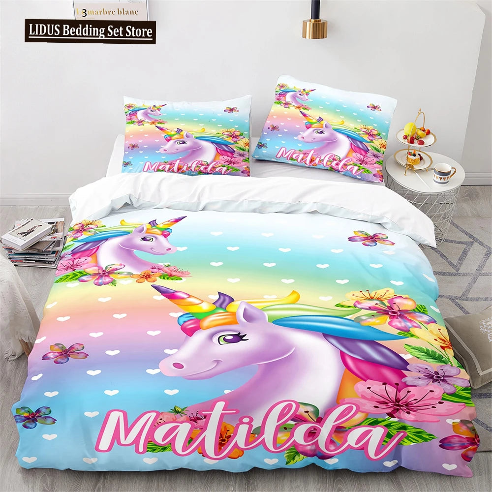 Unicorn Rainbow Duvet Cover Set King Twin Full Size Kids Boy Girl Bedding Set Colourful Cartoon Child Polyester Comforter Cover