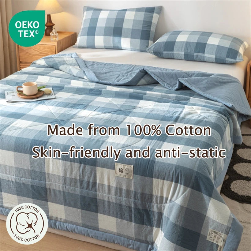 Ins Style Summer Quilt with 100% Cotton Filling Lightweight Skin-friendly Pure Cotton Quilt Plaid Style Thin Comforter Bed Duvet