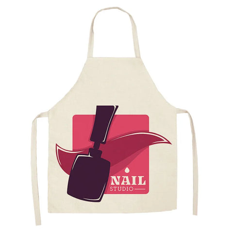 Linen Flower Nail Polish Theme Print Kitchen Aprons Unisex Dinner Party Cooking Bib Funny Pinafore Cleaning Apron
