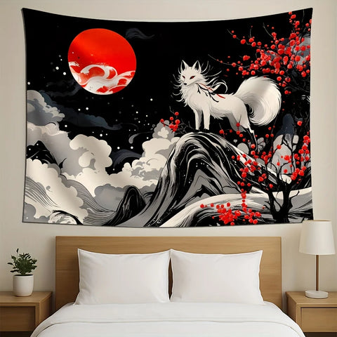 1pc Fantasy White Fox and Red Flower Tree Background Wall Cloth-Modern Polyester Reusable Party Decorative Tapestry