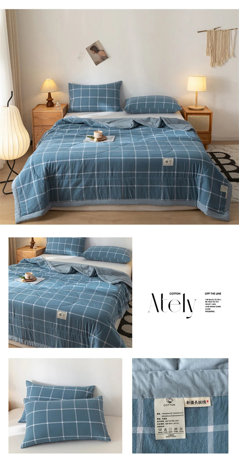 Ins Style Summer Quilt with 100% Cotton Filling Lightweight Skin-friendly Pure Cotton Quilt Plaid Style Thin Comforter Bed Duvet