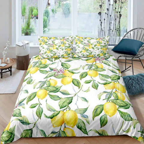 Lemon Duvet Cover Girls Boys Kids Botanical Lemon Pattern Comforter Cover Tropical Fruit Room Decorative Bedding Set with Zipper