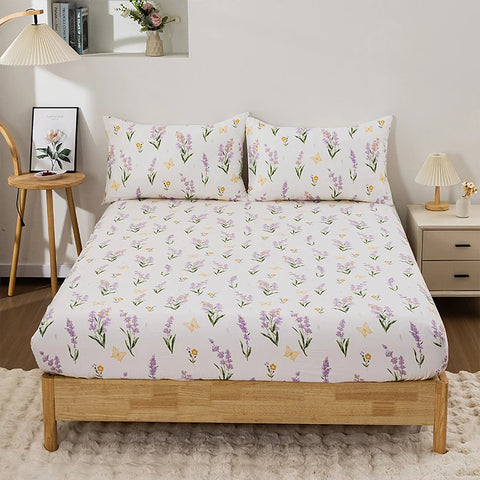 3PC Floral Bed Sheet Set  Bedroom Printed Bed Cover 100%Polyester Elastic Band Around Mattress Cover King Size Bed Cover