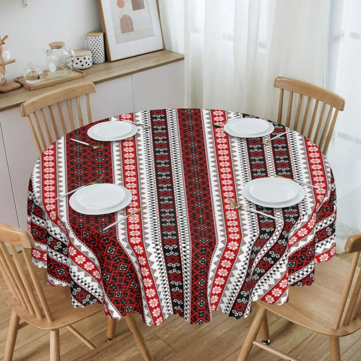 Ukraine Vyshyvanka Embroidery Tablecloth Round Oilproof Bohemian Geometric Table Cover Cloth for Kitchen 60 inches