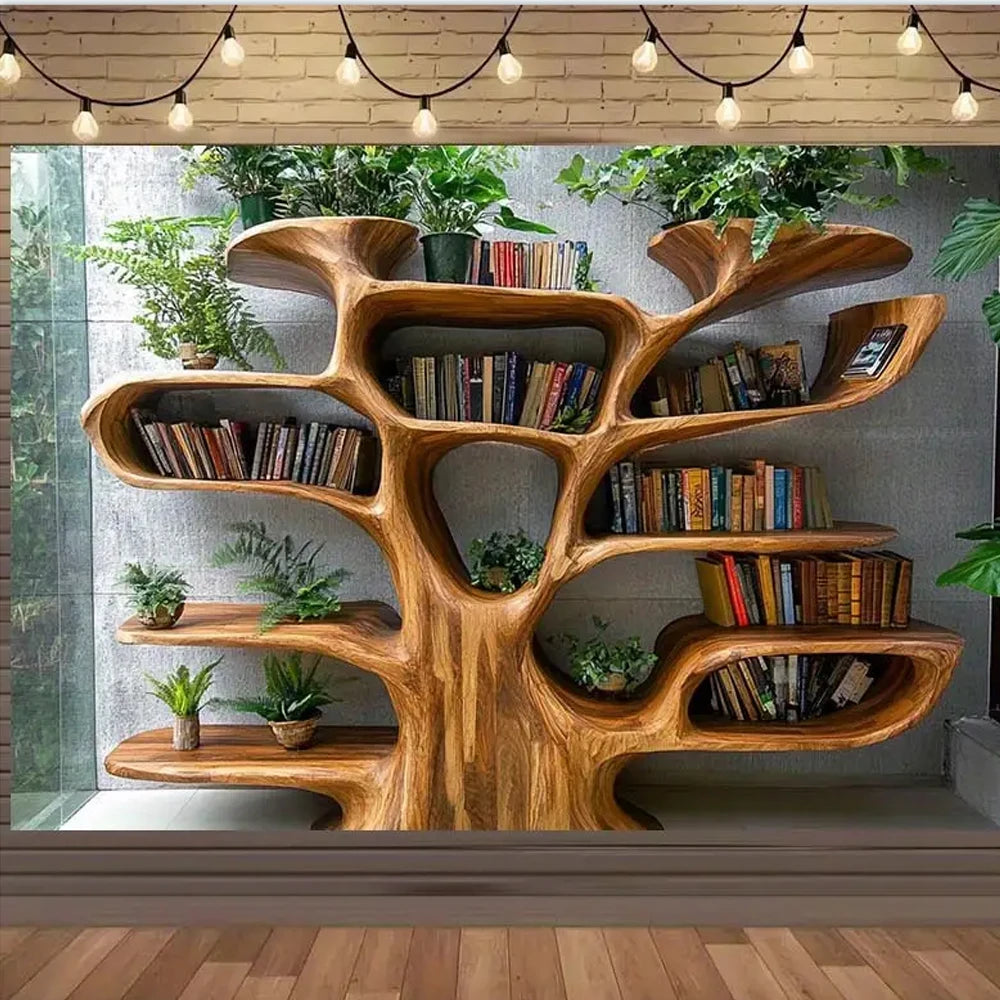 Tree Shaped Bookshelf with Artificial Green Plants Tapestry Wall Decoration Autumn & Christmas Decor For Reading Nooks Backdrops