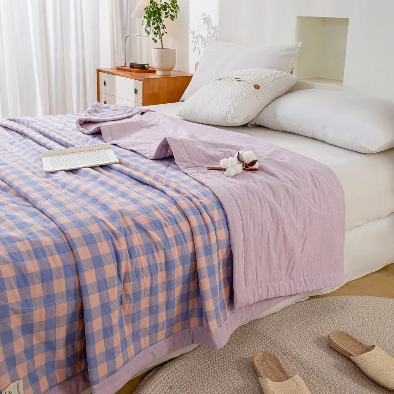 Japanese-style Plaid Summer Blanket 100% Cotton Skin Friendly Quilted Queen Quilt 220*240 Breathable King Size Duvet Comforter