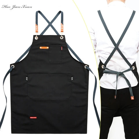 Fashion Unisex Work Apron For Men Canvas Black Apron Bib Adjustable Cooking Kitchen Aprons For Woman With Tool Pockets