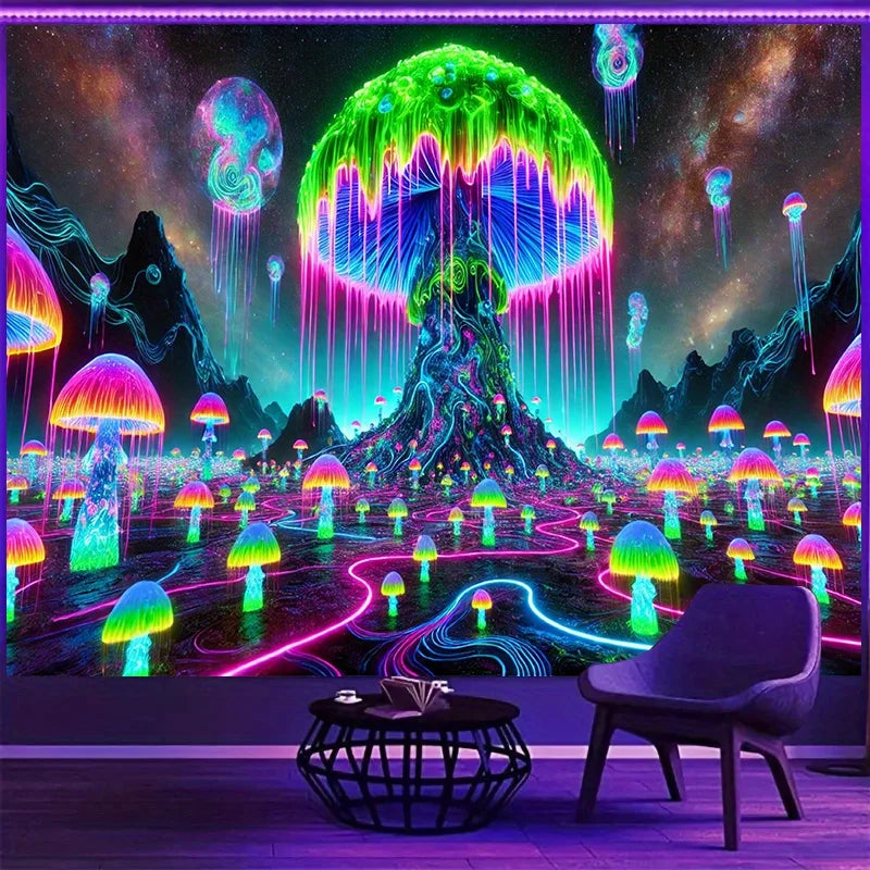 1 Piece Fluorescent Fantasy Mushroom Forest Tapestry - Polyester Material, Bedroom/Living Room/Dorm Decoration