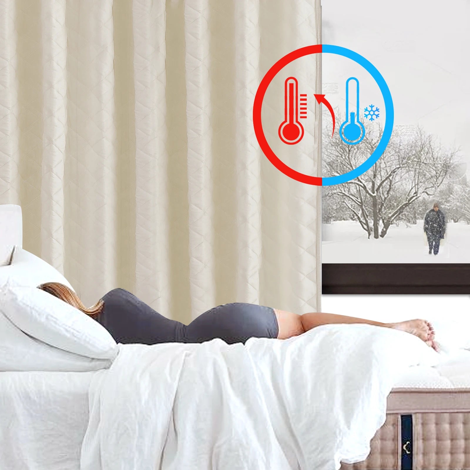 Quilted Blackout Curtains Heavy Duty Noise Reducing Thermal Insulated Drapes Liner Anti-cold Rod Pocket for Living Room Bedroom