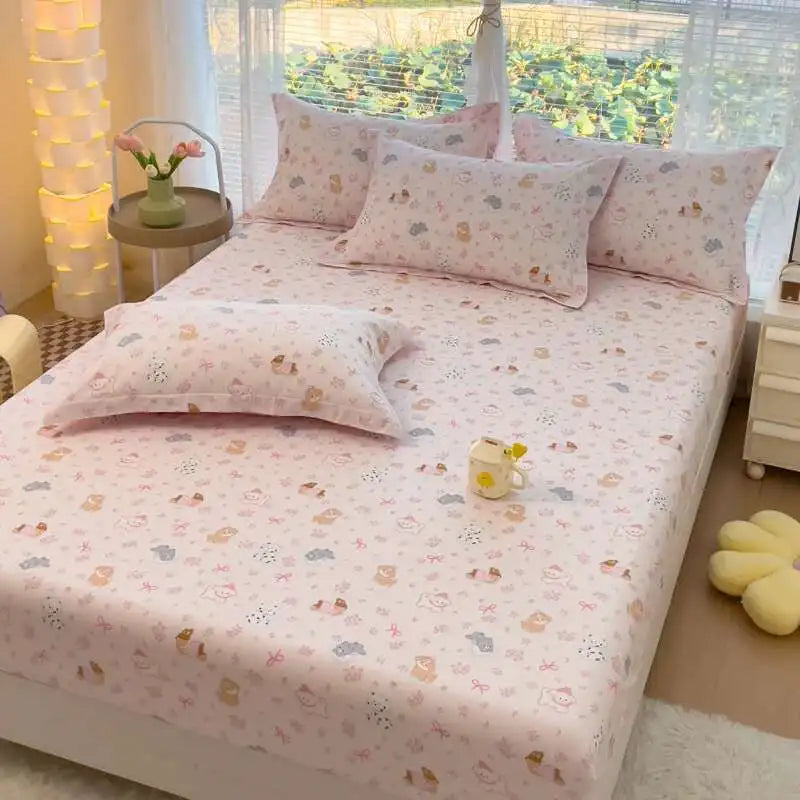 100% Cotton Kids Fitted Sheet - Pink Cartoon Print Single Size, Soft Bed Sheet Mattress Cover (No Pillowcase)