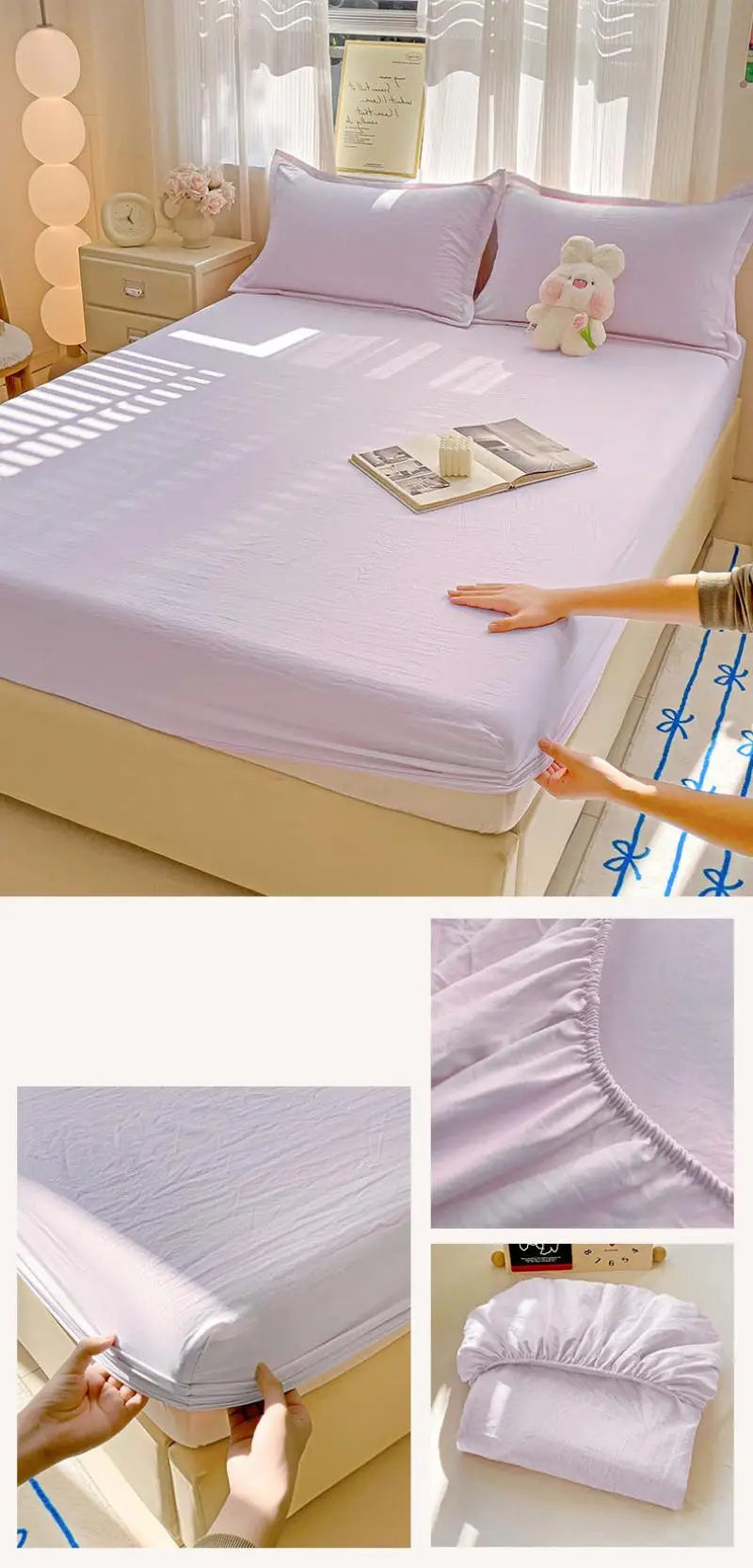 New Ultra-Thin Grid Pattern Fitted Sheet Set Washed Cotton Skin-Friendly Mattress Dust Cover Soft Breathable Household Mat