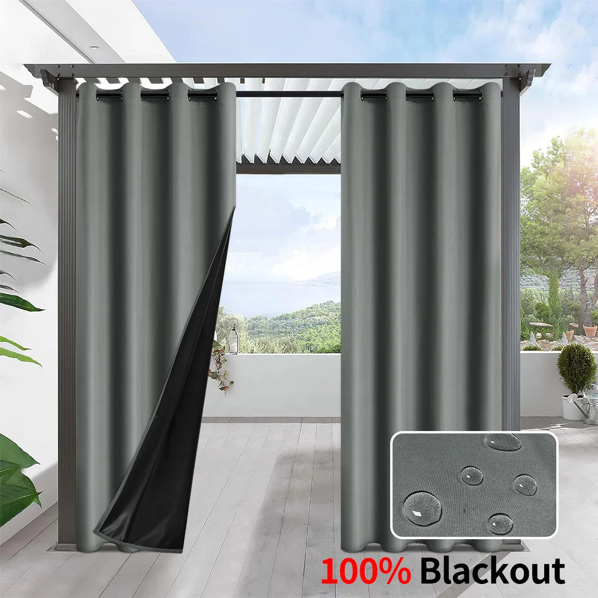 1pc Solid 100% Blackout Curtains, Waterproof Outdoor Curtains for Garden, Patio, Porch, Bedroom, Living Room, Pergola, Cabana