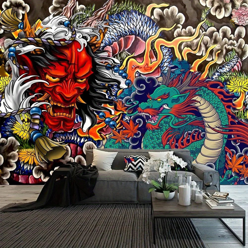 1pc Vibrant Japanese Dragon Tapestry-Fabric Wall Hanging, Aesthetic Anime Art Tapestry for Living Room or Bedroom Decoration