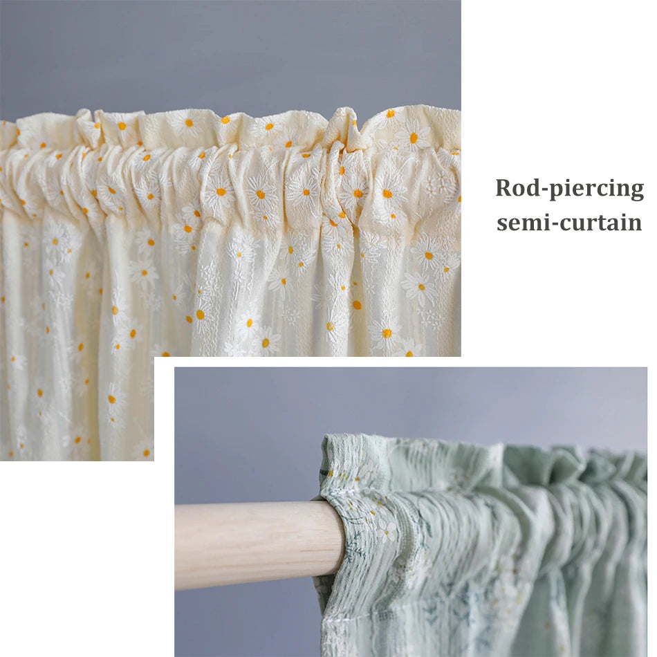 Korean Daisy Curtains Road Pocket Shade Curtain Floral Tassel for Kitchen Bedroom Living Room Bay Window Cabinet Curtain