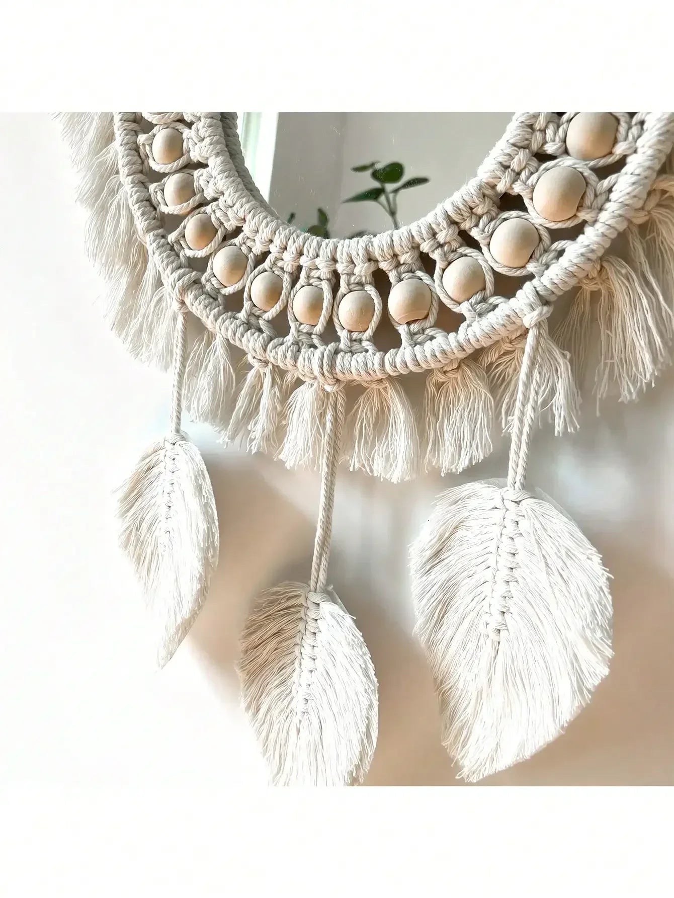 Macrame Hanging Wall Mirror, Boho Fringe Round Handmade Decorative Acrylic Mirror for Apartment Living Room Bedroom Home Decor