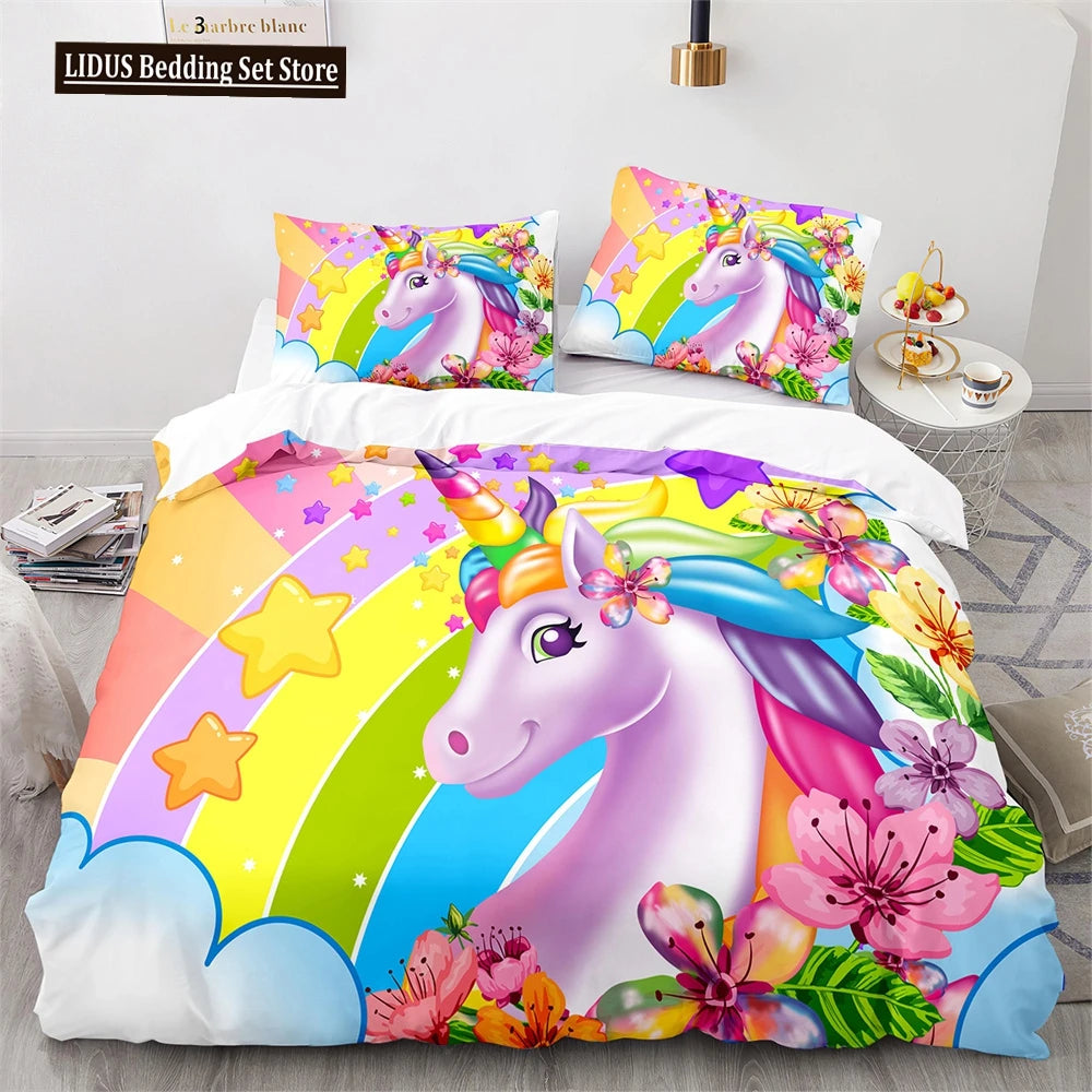 Unicorn Rainbow Duvet Cover Set King Twin Full Size Kids Boy Girl Bedding Set Colourful Cartoon Child Polyester Comforter Cover