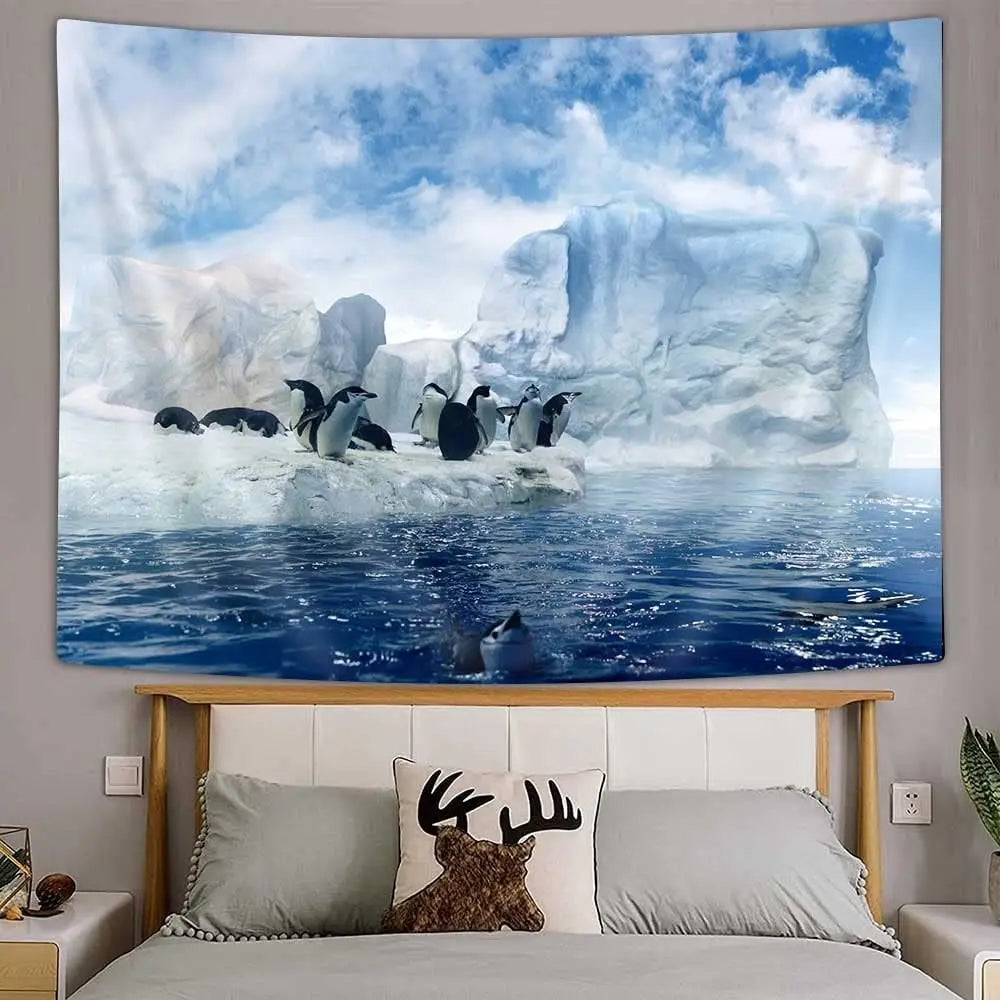 Antarctica Sea Animals Tapestry,Penguins on Winter Glacier Snow 3D Wall Hanging,Hippie Tapestries Blanket for Bedroom Living Roo