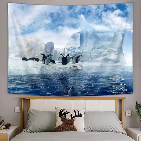 Antarctica Sea Animals Tapestry,Penguins on Winter Glacier Snow 3D Wall Hanging,Hippie Tapestries Blanket for Bedroom Living Roo