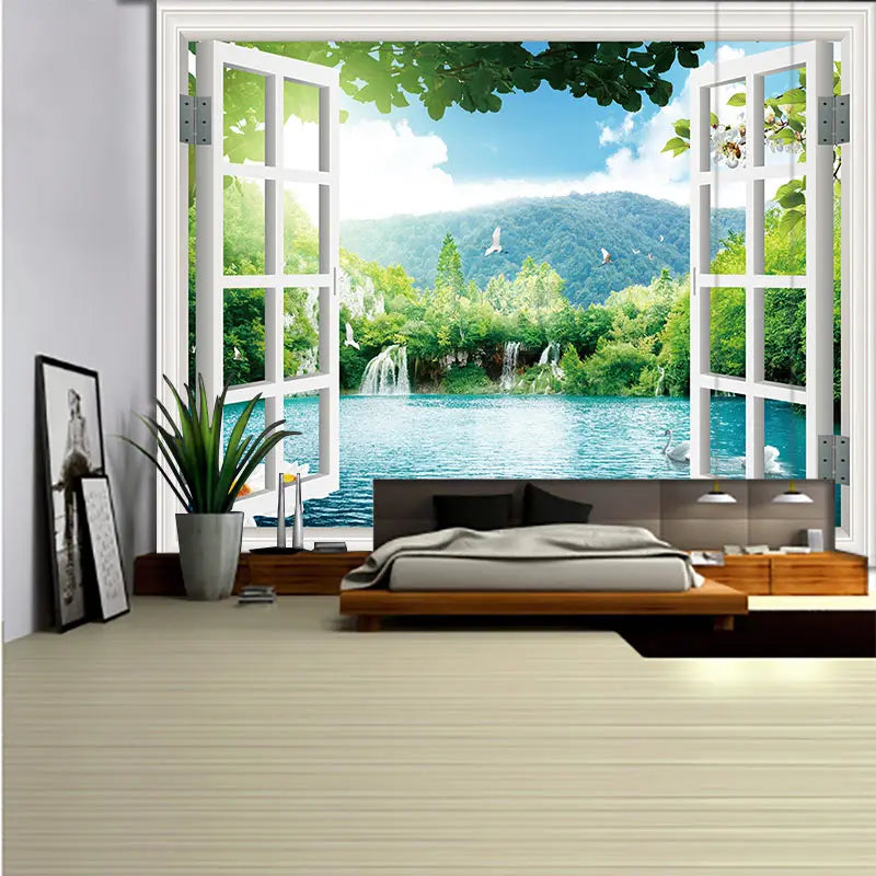 VIKAMA Summer Window View Tapestry Cherry Blossom Sea Idyllic Pastoral Tropical Beach Living Room Room Decoration