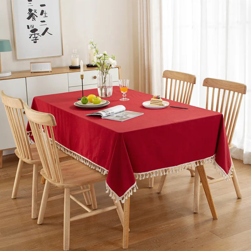 White Cotton Rectangle Tablecloth Fabric Tassel Farmhouse Washable Table Cover for Kitchen Living Room Dinning Picnic Decoration