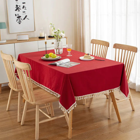 White Cotton Rectangle Tablecloth Fabric Tassel Farmhouse Washable Table Cover for Kitchen Living Room Dinning Picnic Decoration